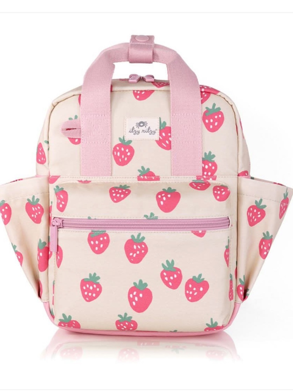 Itzy Ritzy Strawberry Print Kids Backpack - Cream & Pink Like New